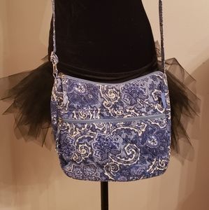 Blue and white crossbody bag.